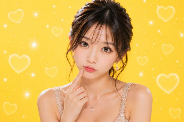 顎に指を当ててまっすぐ前を見つめる女性