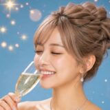 シャンパンを目を瞑って飲む女性