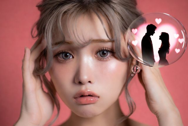 恋愛を想像して頭を抱える女性