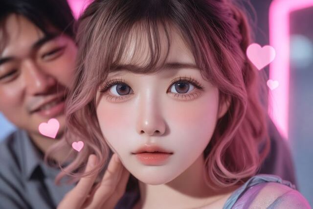 男性にほっぺを触られている女性