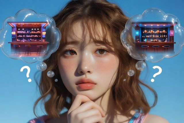 2つのお店を想像してハテナマークを浮かべる女性