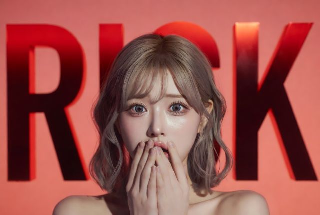 RISKとかかれた文字と口をおさえる女性