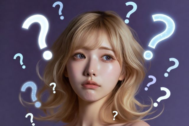 金髪の女性が振り返っている様子。周りにははてなマークの装飾