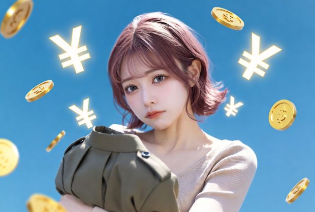 制服を持ってお金マークを浮かべながら悩む女性
