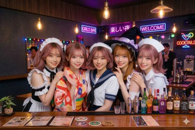 ガールズバーのカウンタ―内でコスプレする女性4人