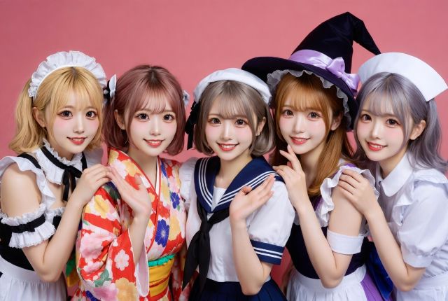 ハテナマークをうかべる色々なコスプレの女性5人