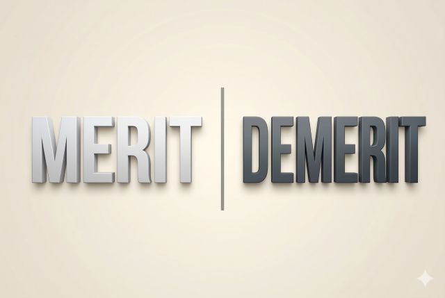 シルバーの文字のMERITと黒の文字のDEMERIT