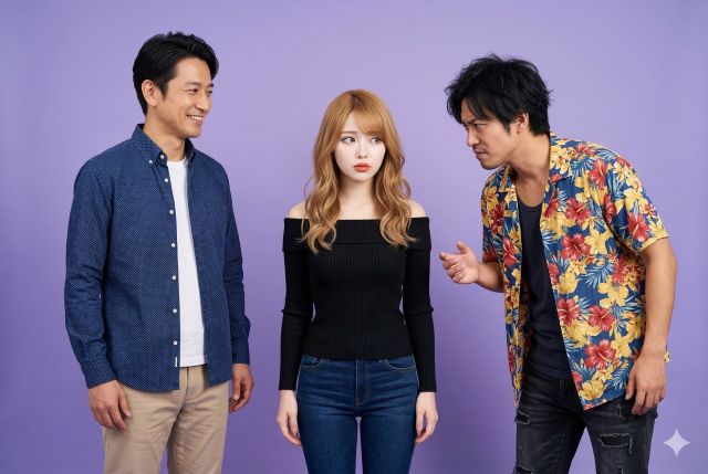 2人の男性に挟まれている女性