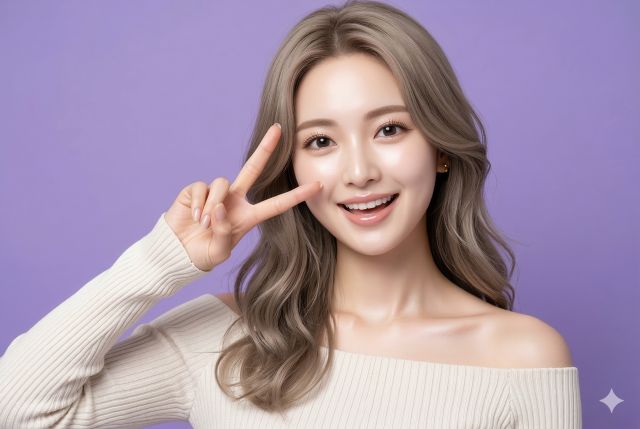 ピースサインする女性