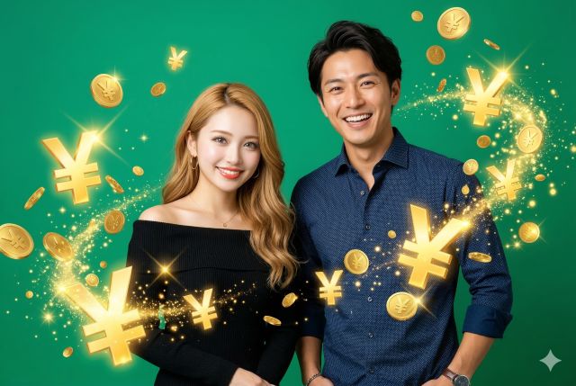 お金のマークが飛んでいる男女