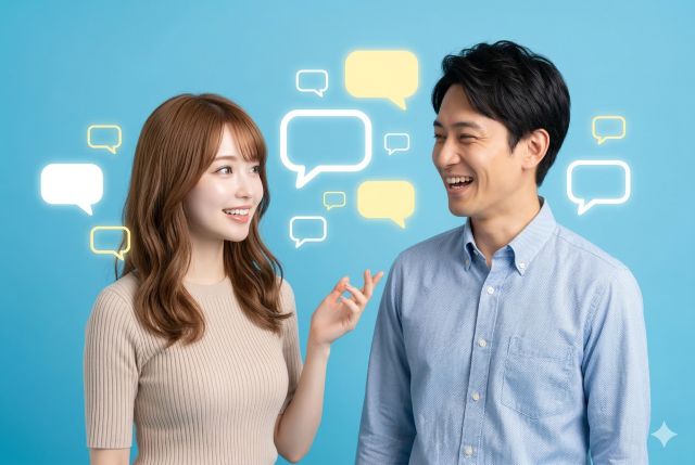 バーカウンター越しに話している男女と吹き出し