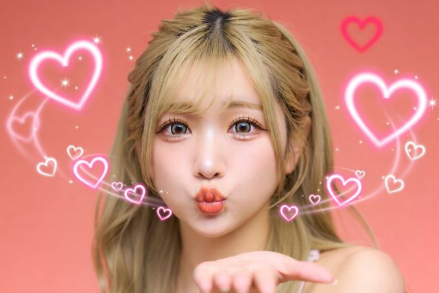 投げキッスする金髪の女の子とハートの装飾