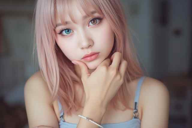 考えているピンク色の髪の毛の日本人女性