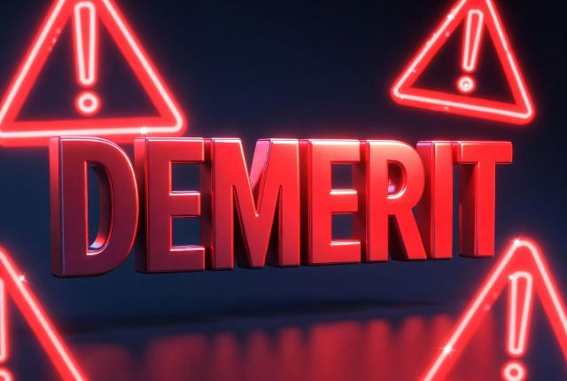 DEMERITと書かれた赤い文字と注意マーク