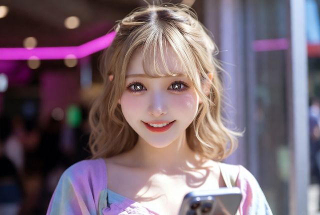 携帯を持ってコチラを見る女性