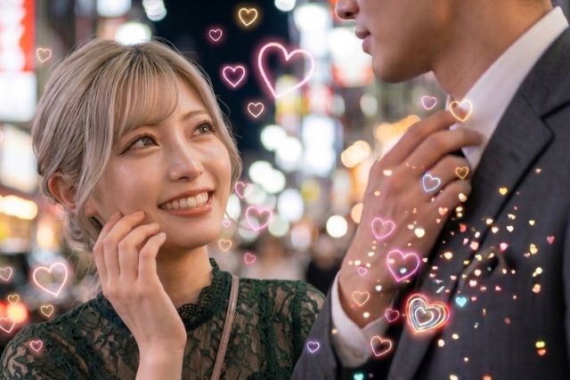 夜の繁華街でデートする男女。女性は顔に手を当てている