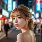 繁華街でこちらを振り返る若い女性