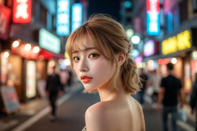 繁華街でこちらを振り返る若い女性