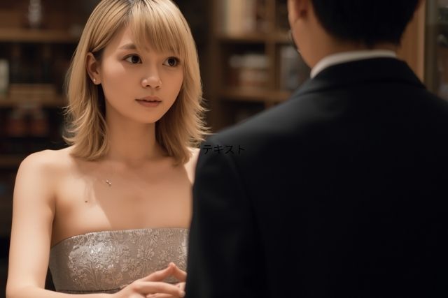 上目遣いで男性と話す女性
