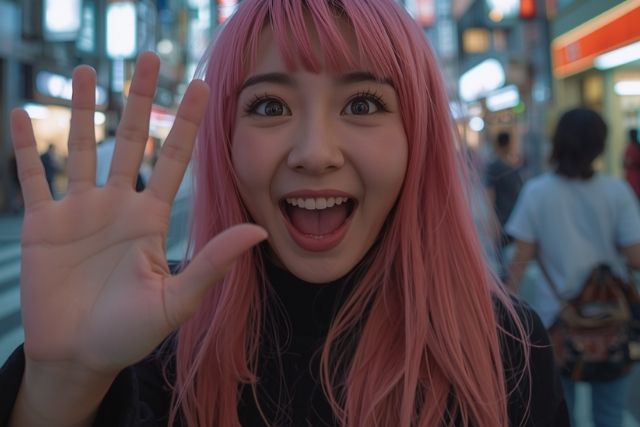 ピンク色の髪の毛をしている女性が手を上げている