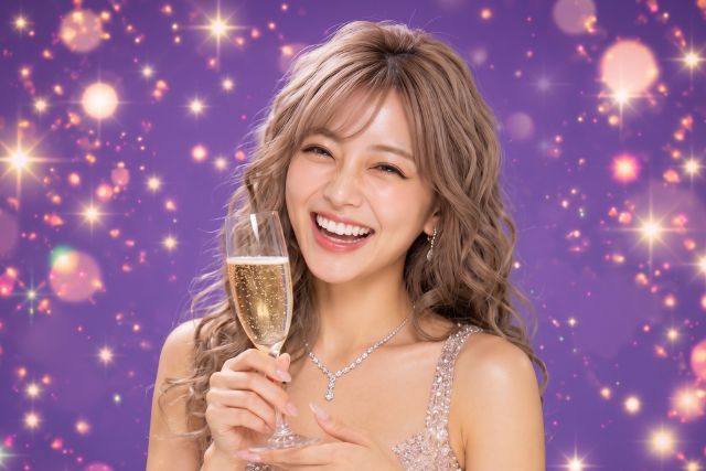 シャンパングラスを持つロングヘアの女性