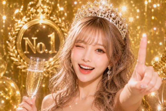 笑顔で人差し指を立て、反対の手でシャンパングラスを持つ金髪の女性。No.1の文字の背景