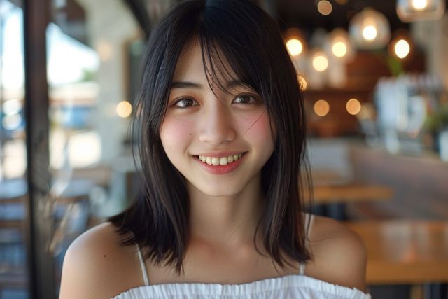 カフェにいる笑顔の女性